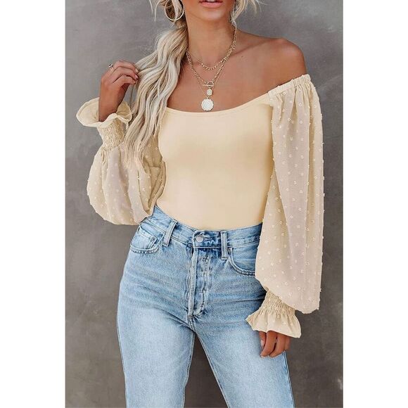 NEW Puff Bodysuit Off Shoulder Leotard Sheer Polka Dot Sleeve S - Picture 4 of 5